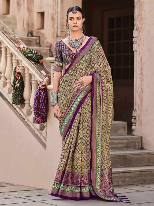 Lovely Purple Digital Printed Silk Casual Wear Saree With Blouse