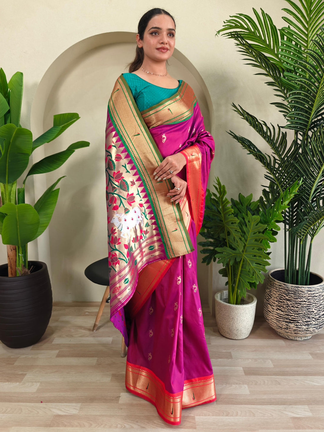 Chic Hot Pink Pichwai Printed Silk Wedding Wear Saree With Blouse