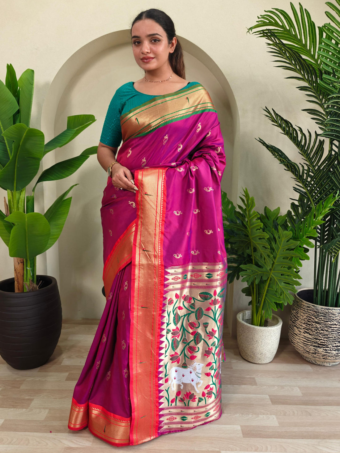 Chic Hot Pink Pichwai Printed Silk Wedding Wear Saree With Blouse