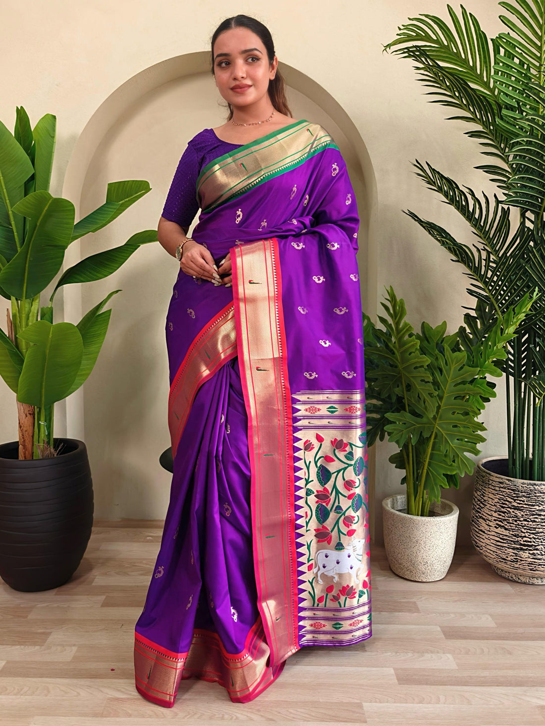 Adorable Dark Purple Pichwai Printed Silk Wedding Wear Saree With Blouse