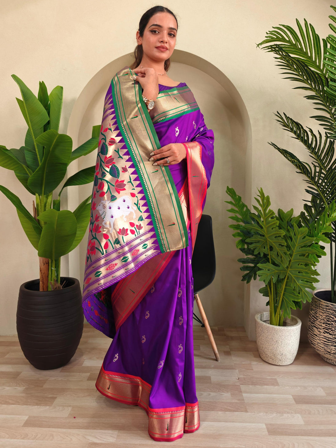 Adorable Dark Purple Pichwai Printed Silk Wedding Wear Saree With Blouse