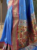 Beautiful Sky-Blue Zari Weaving Silk Events Wear Saree With Blouse