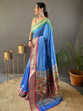 Beautiful Sky-Blue Zari Weaving Silk Events Wear Saree With Blouse