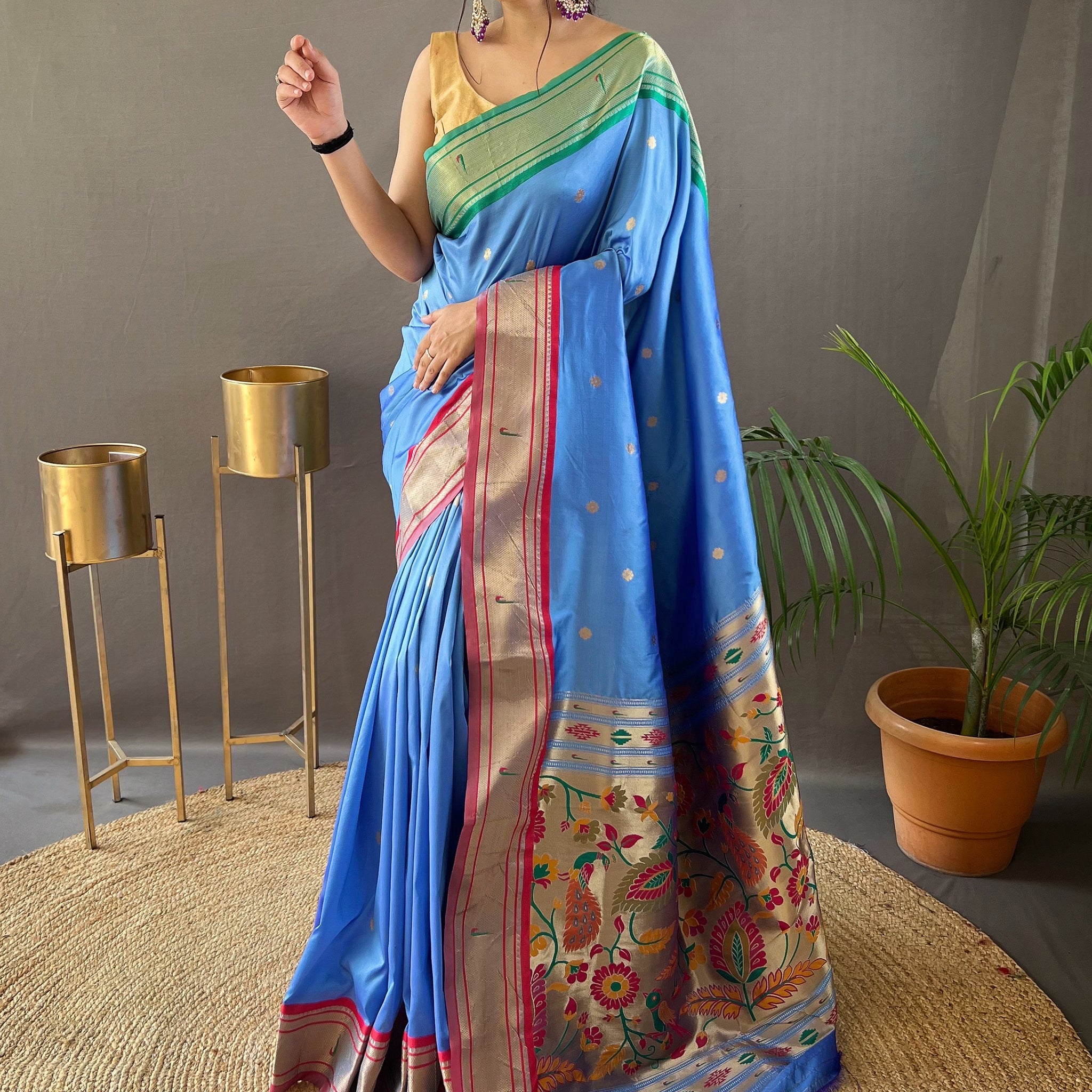 Beautiful Sky-Blue Zari Weaving Silk Events Wear Saree With Blouse