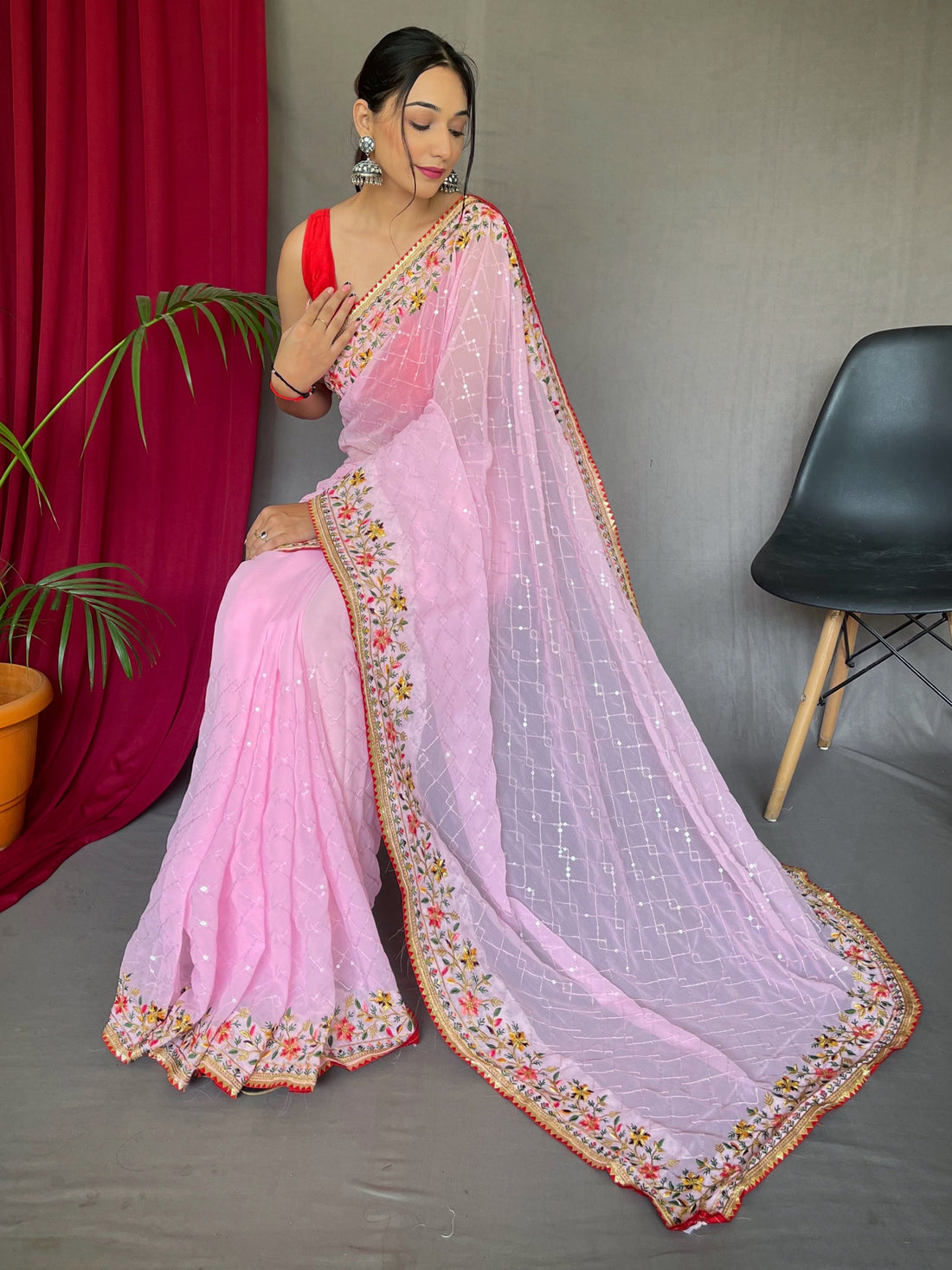 Glamorous Pink Sequins Georgette Event Wear Saree With Blouse