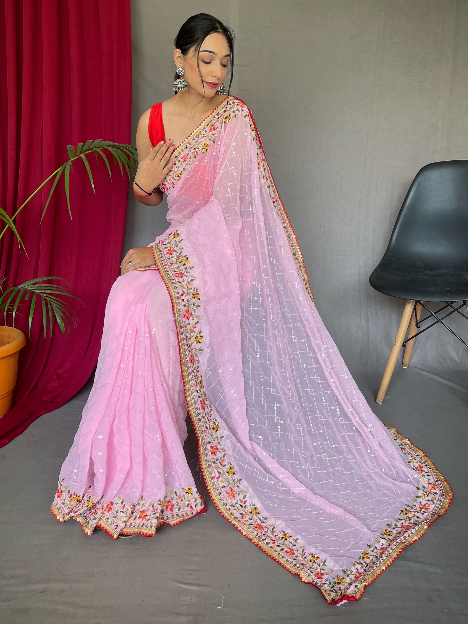 Glamorous Pink Sequins Georgette Event Wear Saree With Blouse