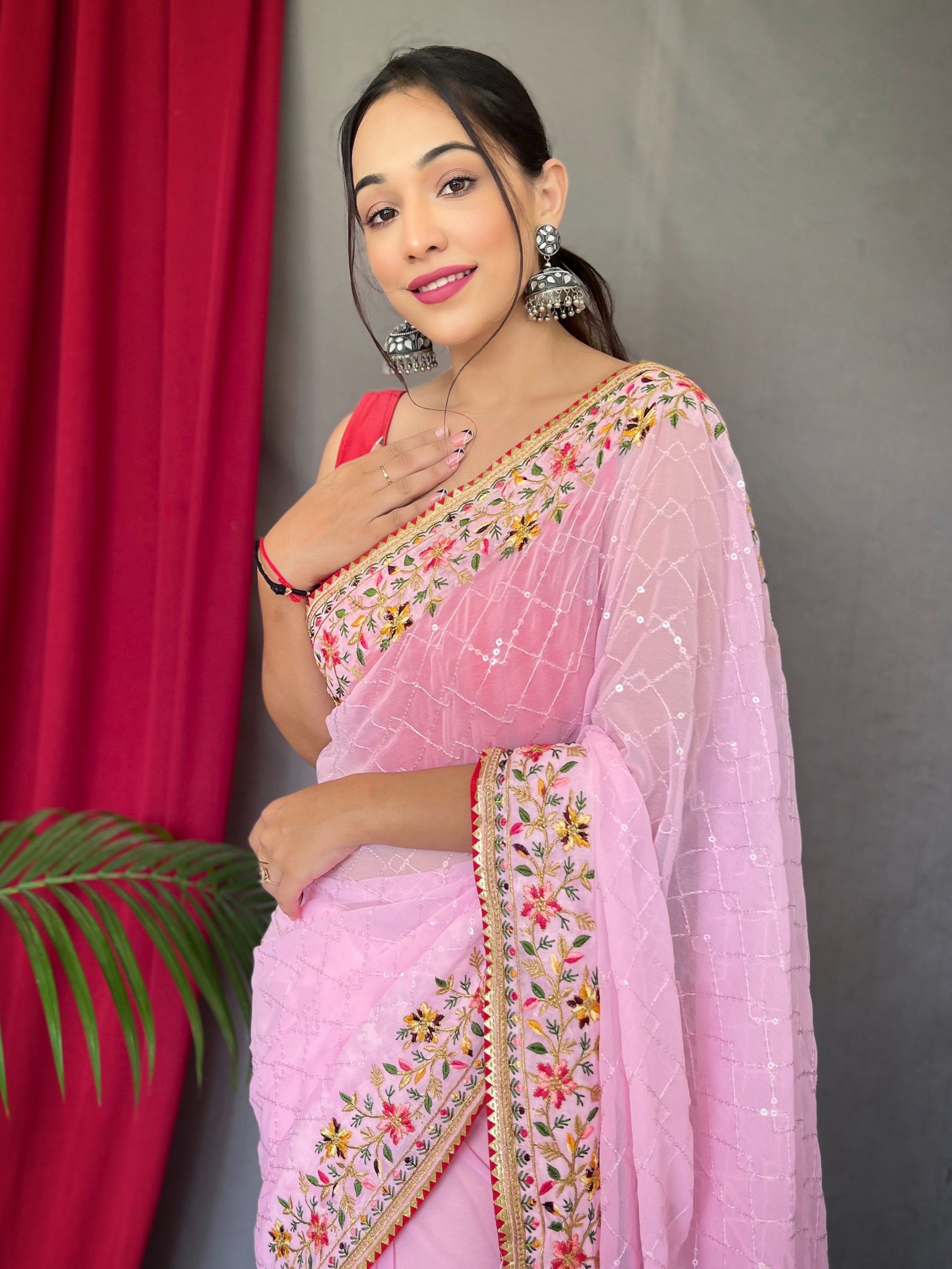 Glamorous Pink Sequins Georgette Event Wear Saree With Blouse