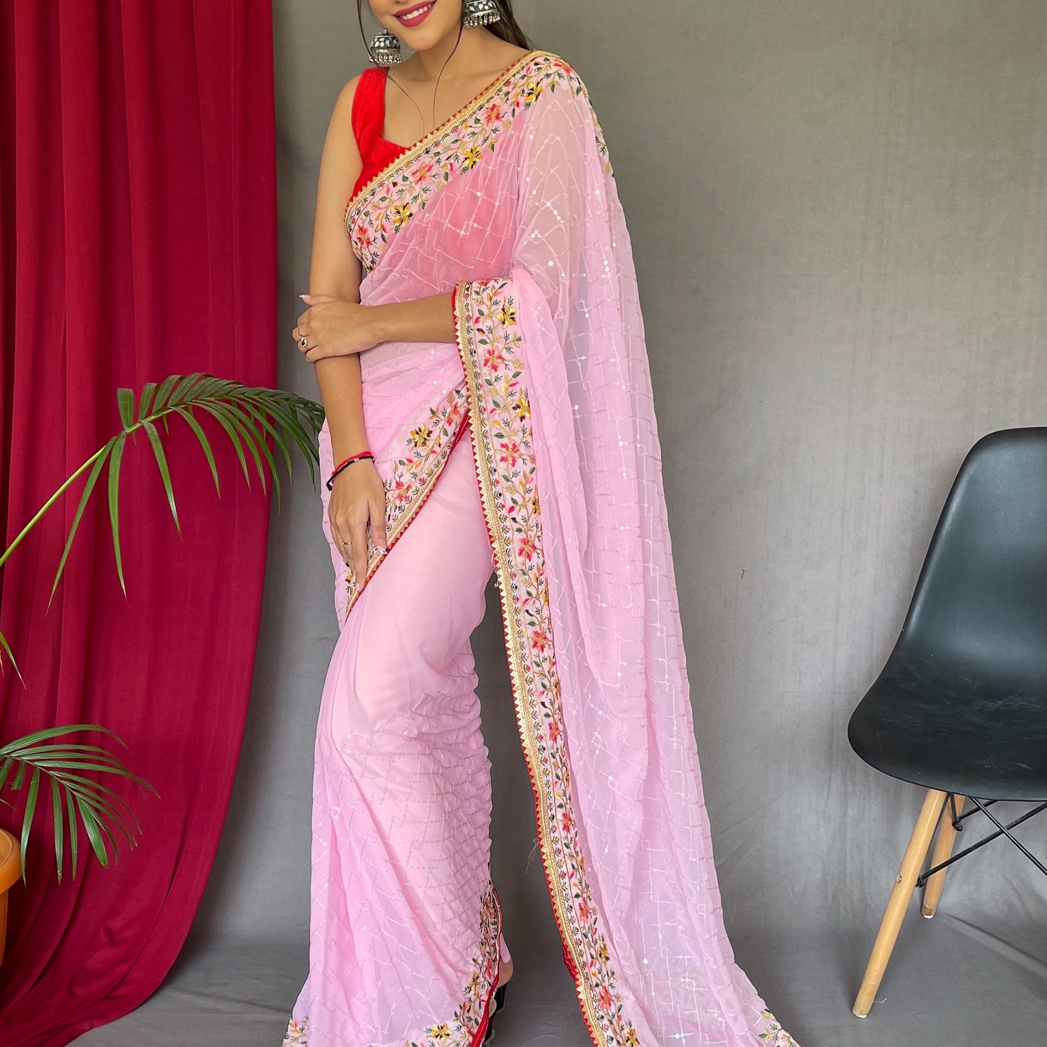 Glamorous Pink Sequins Georgette Event Wear Saree With Blouse