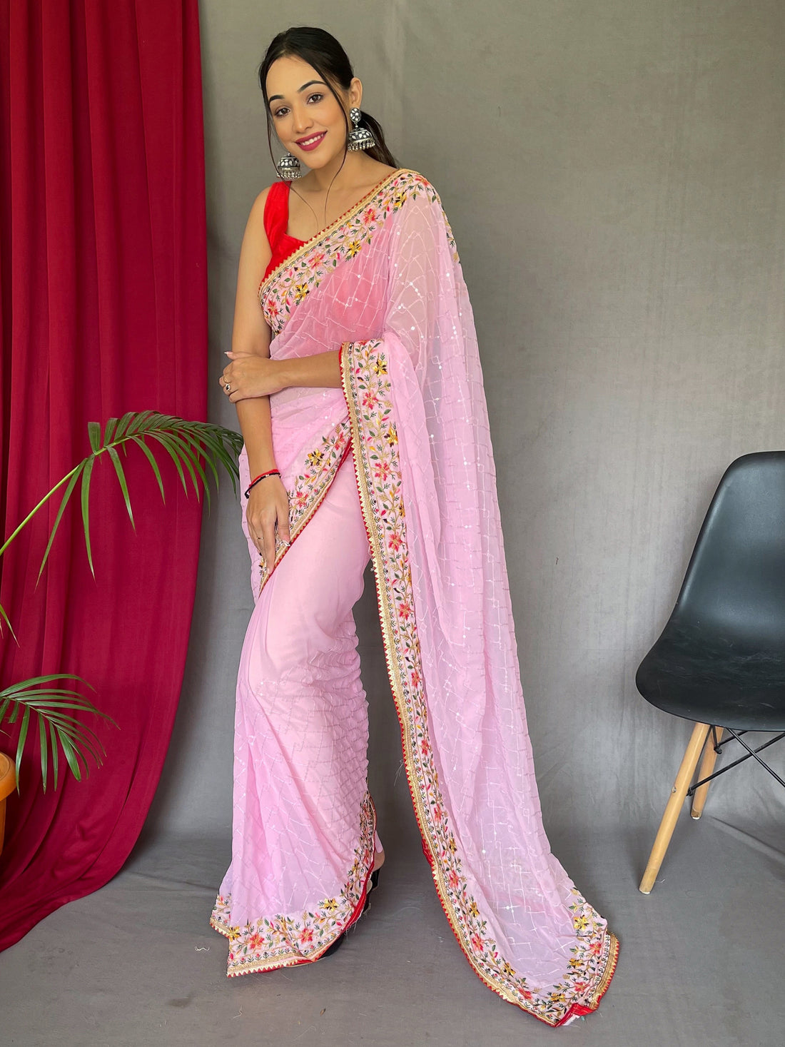 Glamorous Pink Sequins Georgette Event Wear Saree With Blouse