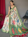Fancified Off-White And Green Digital Printed Silk Saree With Blouse
