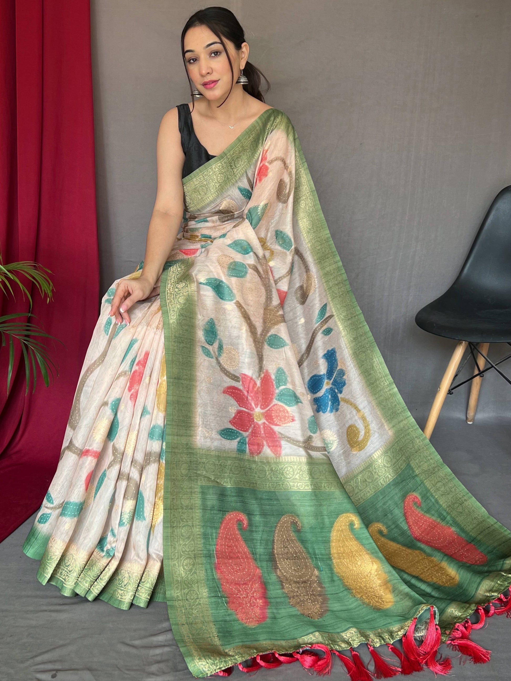 Fancified Off-White And Green Digital Printed Silk Saree With Blouse