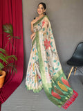 Fancified Off-White And Green Digital Printed Silk Saree With Blouse