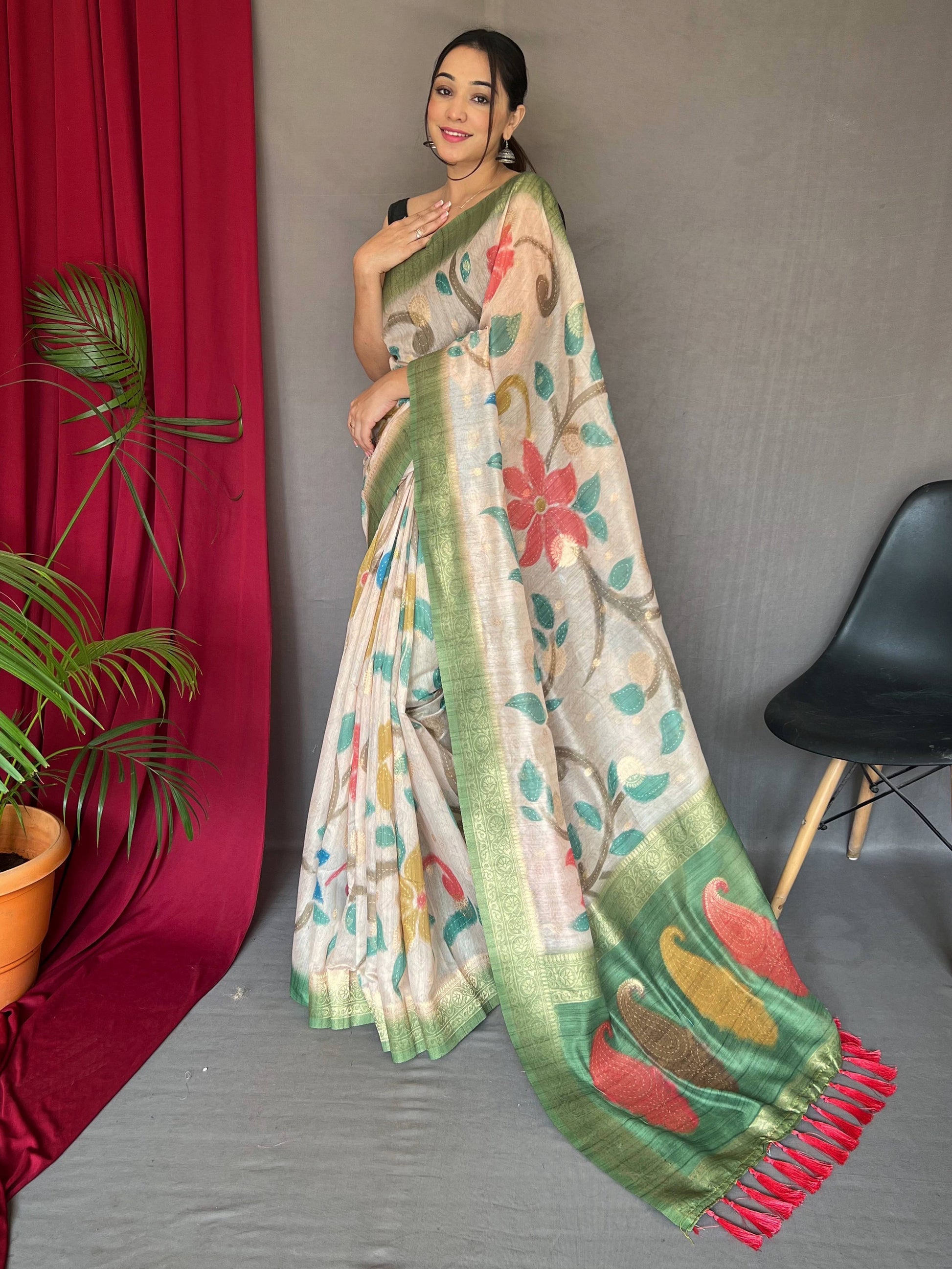 Fancified Off-White And Green Digital Printed Silk Saree With Blouse
