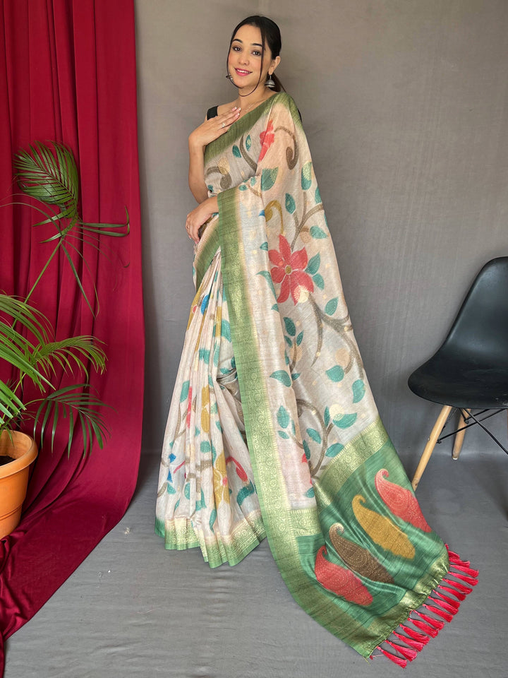Fancified Off-White And Green Digital Printed Silk Saree With Blouse