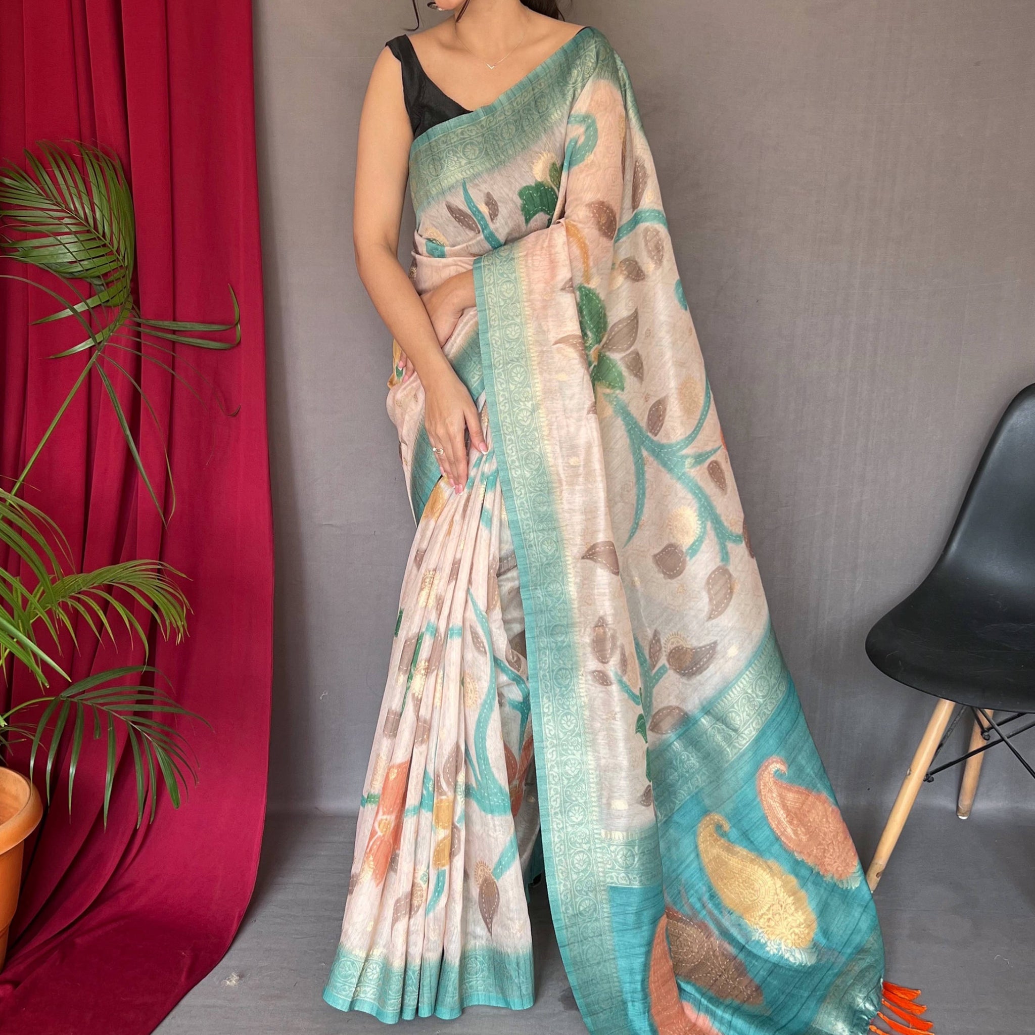 Enchanting Off-White And Blue Digital Print Silk Function Wear Saree