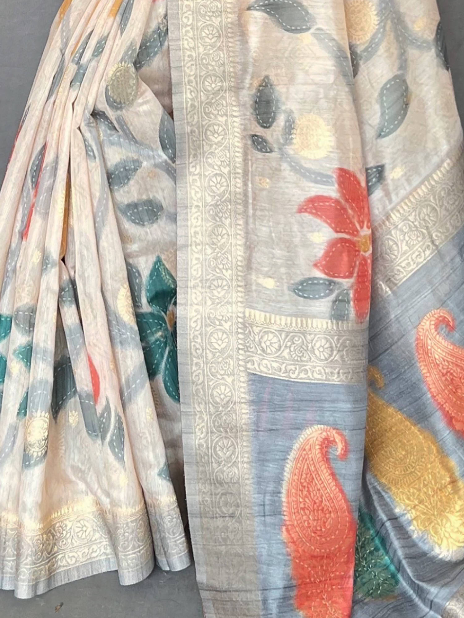 Pretty Off-White And Grey Zari Weaving Silk Festive Wear Saree