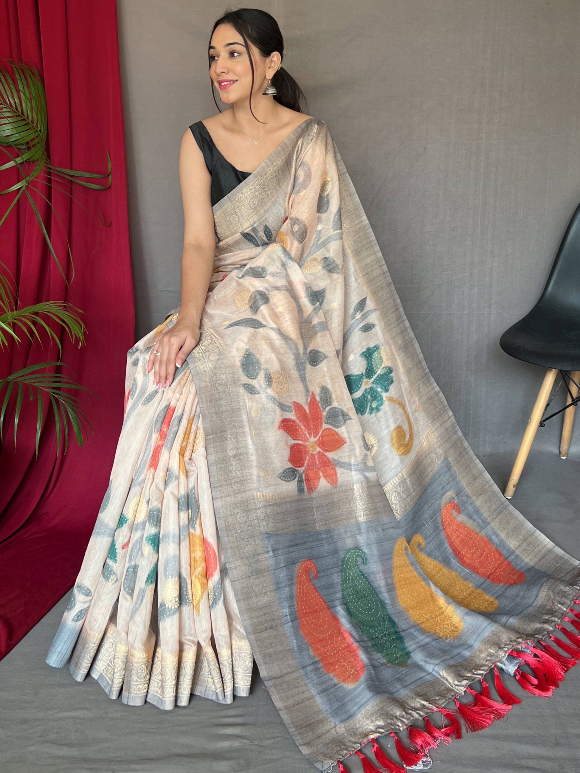 Pretty Off-White And Grey Zari Weaving Silk Festive Wear Saree