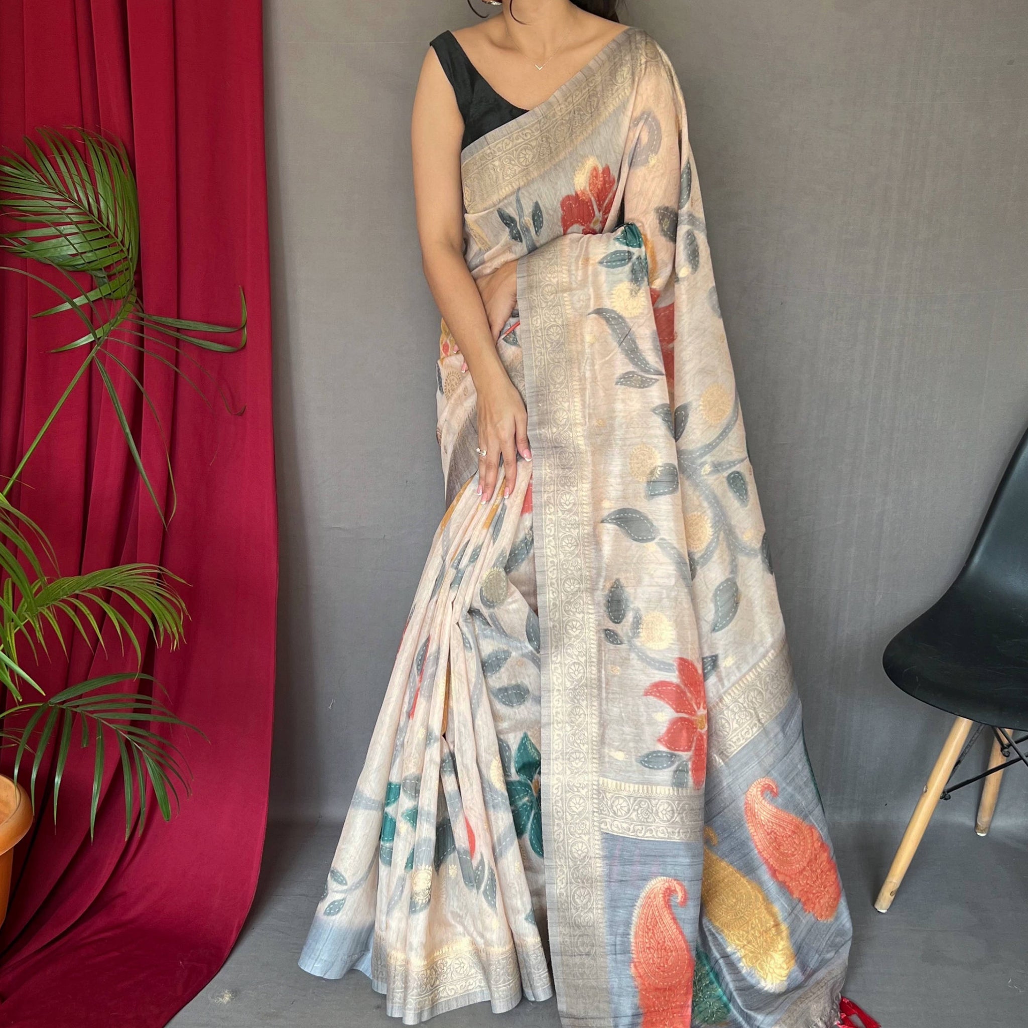 Pretty Off-White And Grey Zari Weaving Silk Festive Wear Saree