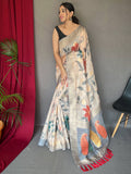 Pretty Off-White And Grey Zari Weaving Silk Festive Wear Saree
