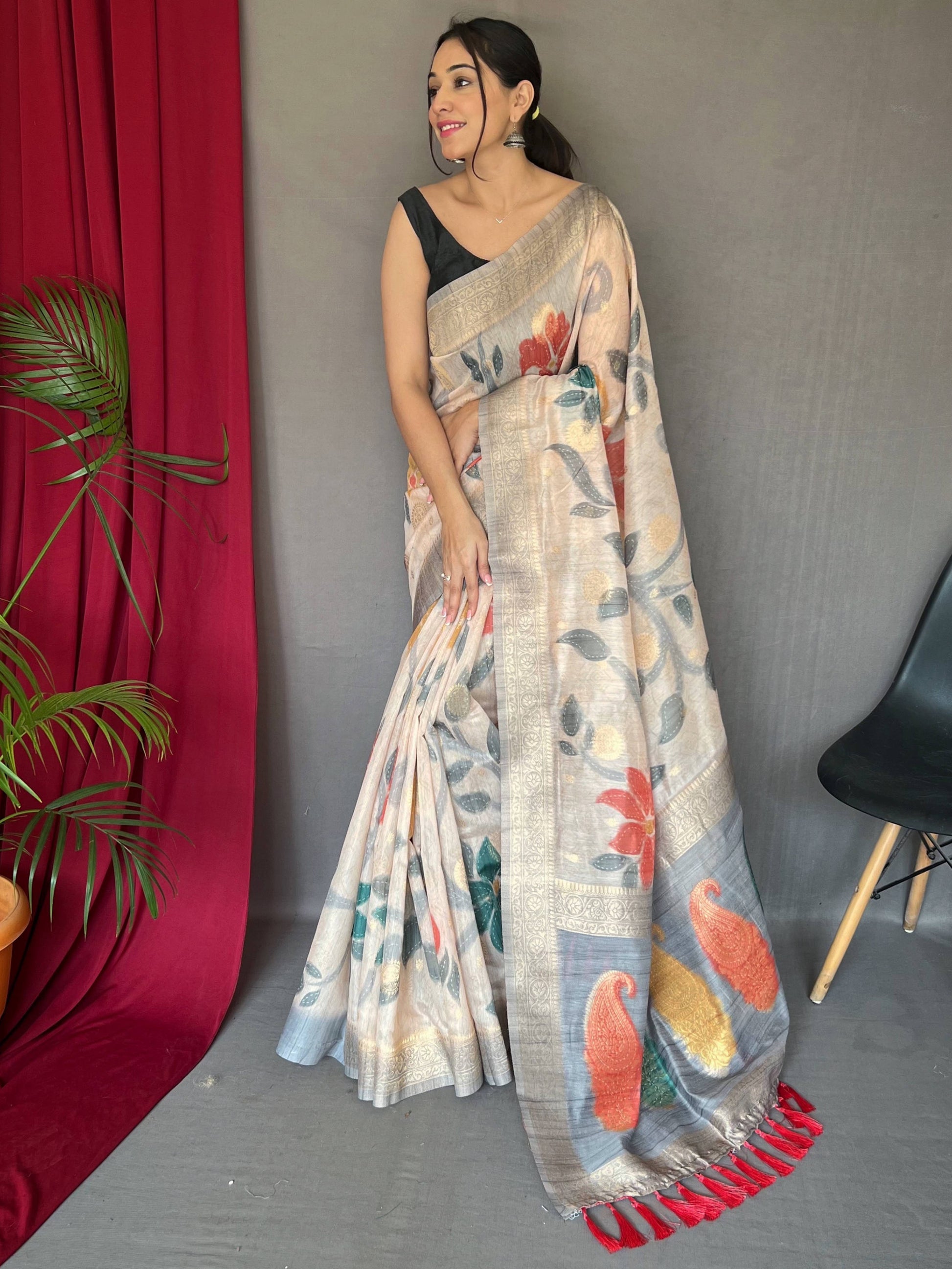 Pretty Off-White And Grey Zari Weaving Silk Festive Wear Saree