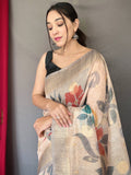 Pretty Off-White And Grey Zari Weaving Silk Festive Wear Saree