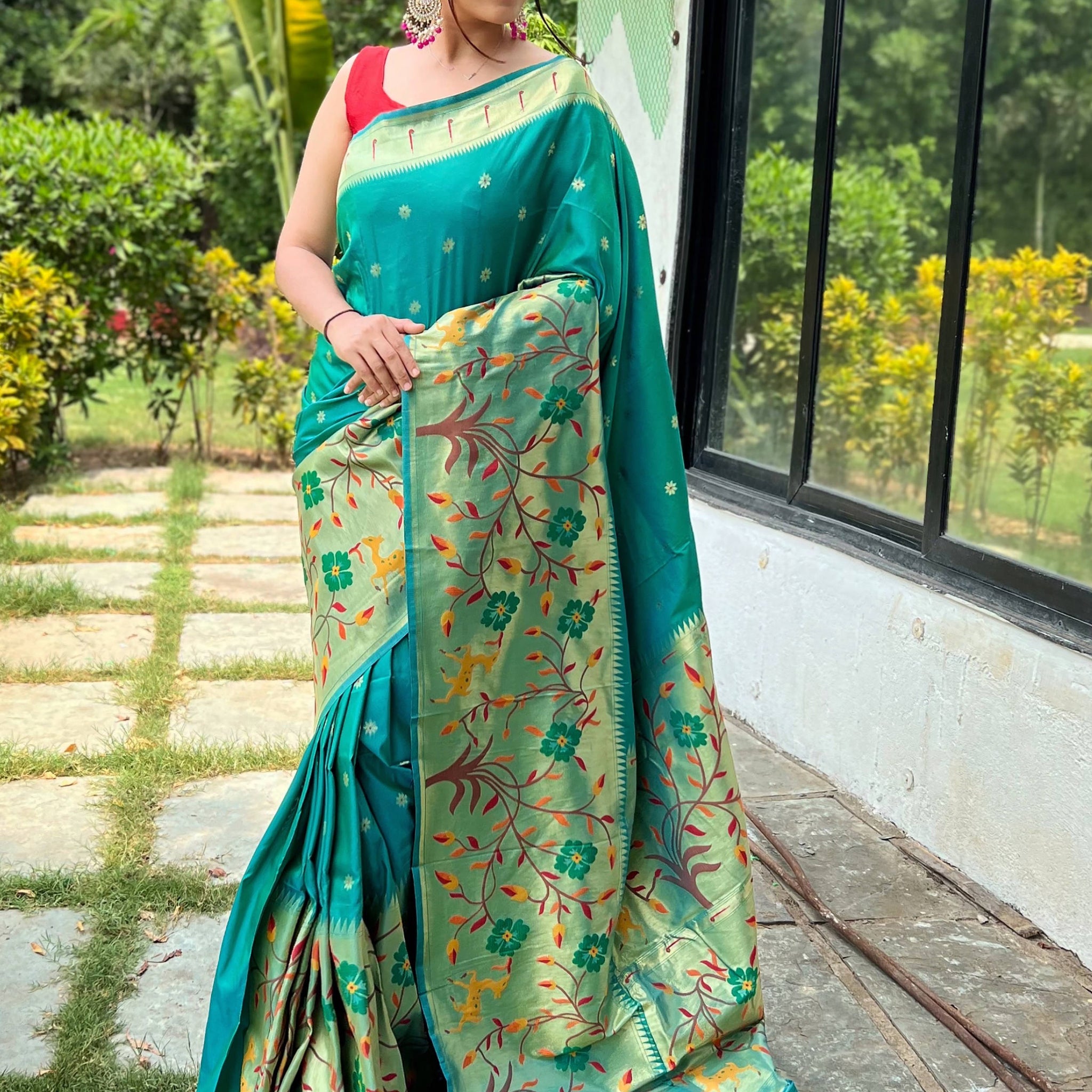 Stunning Teal Green Woven Paithani Silk Wedding Wear Saree With Blouse