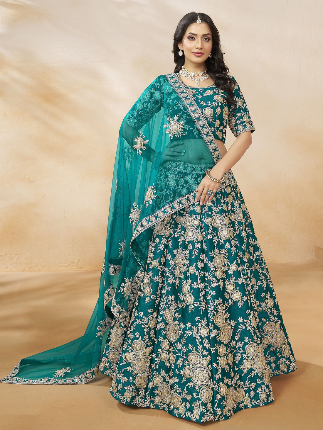 Phenomenal Teal Green Sequins Silk Bridesmaid Lehenga Choli With Dupatta