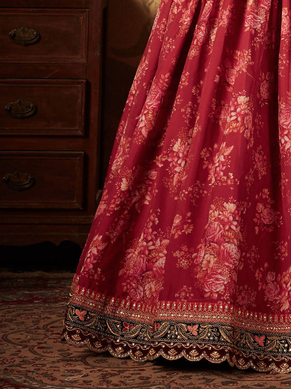 Beautiful Maroon Floral Printed Organza Wedding Lehenga Choli