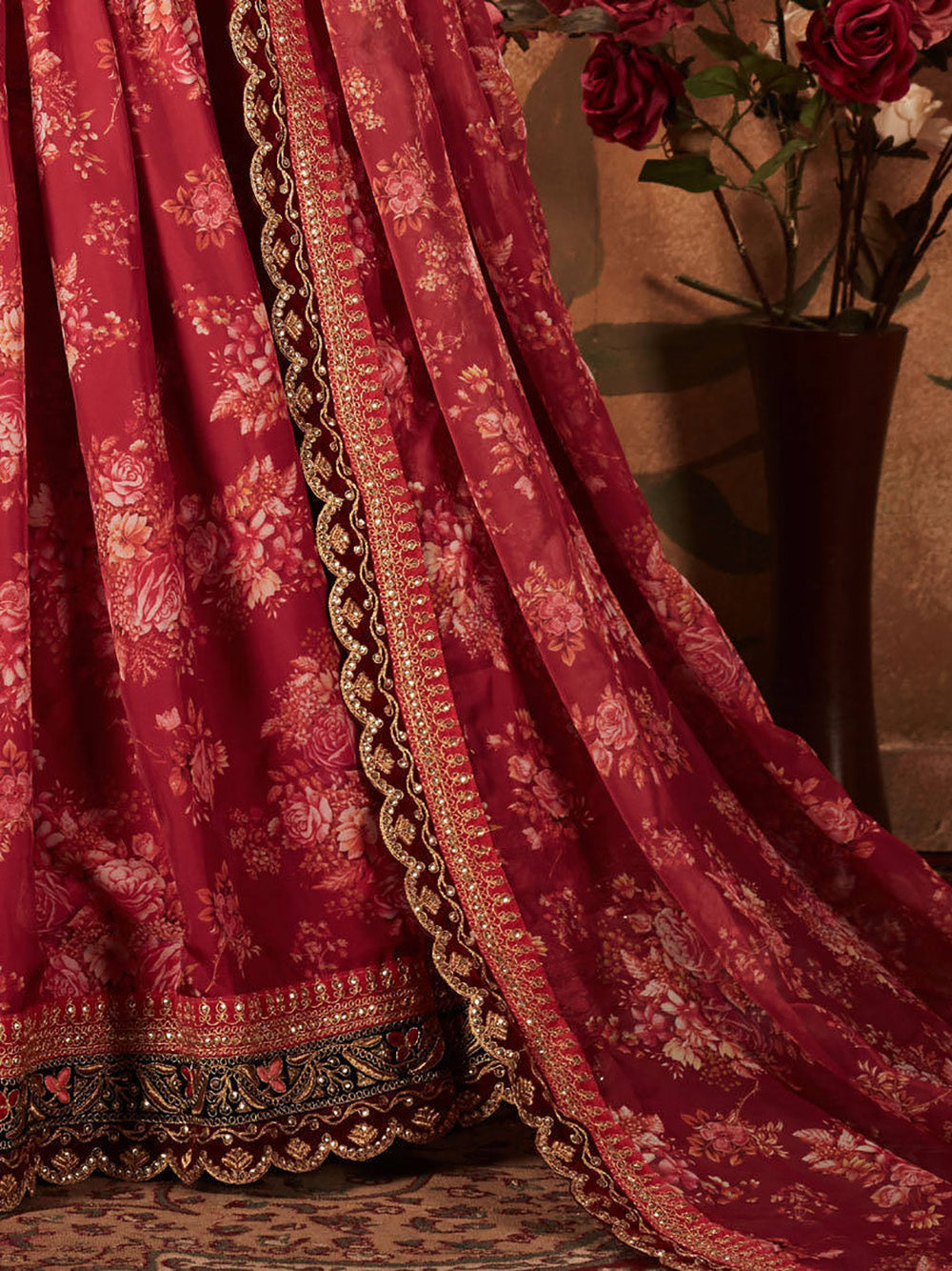 Beautiful Maroon Floral Printed Organza Wedding Lehenga Choli