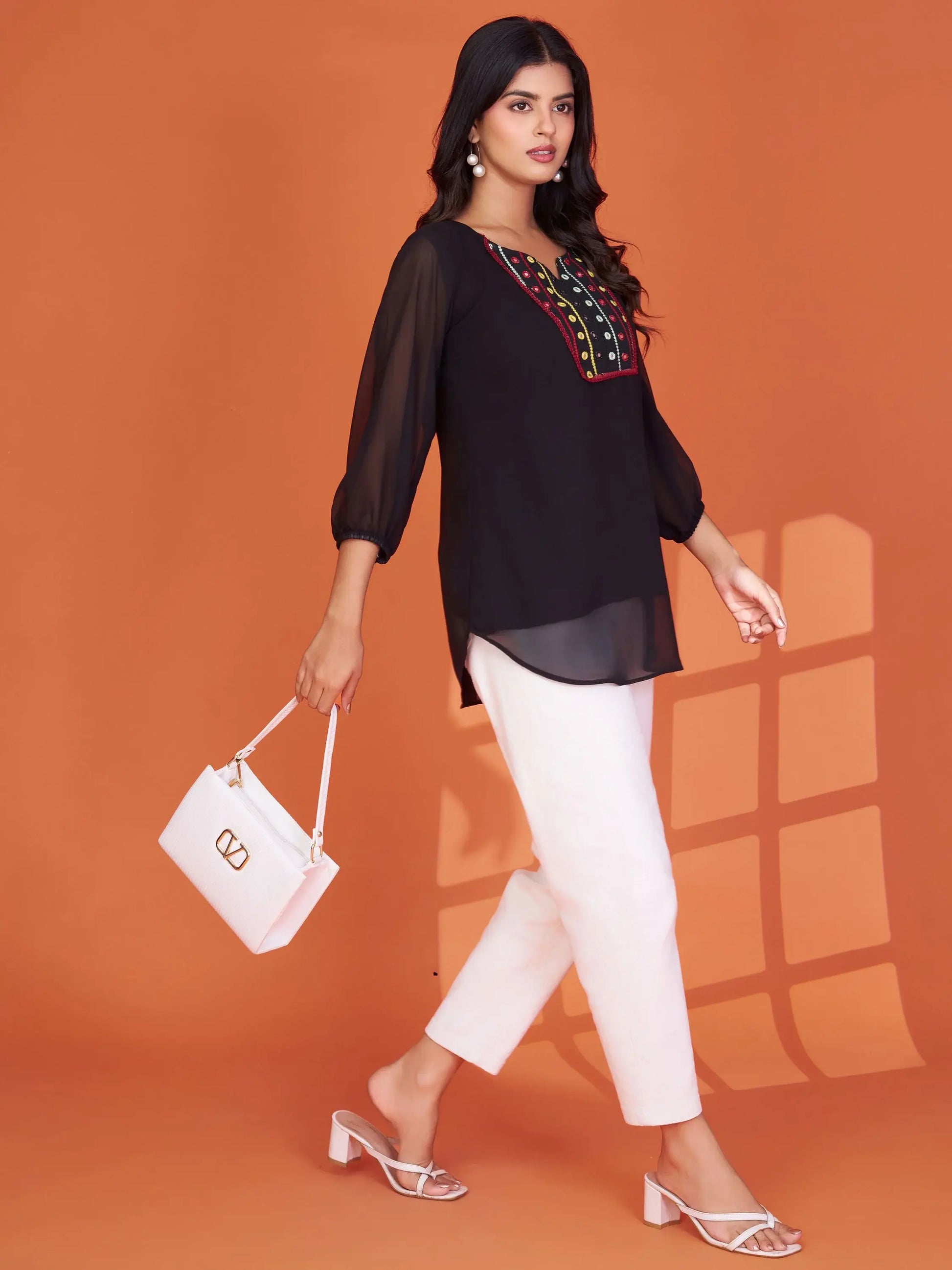 Graceful Black Embroidered Georgette Office Wear Top