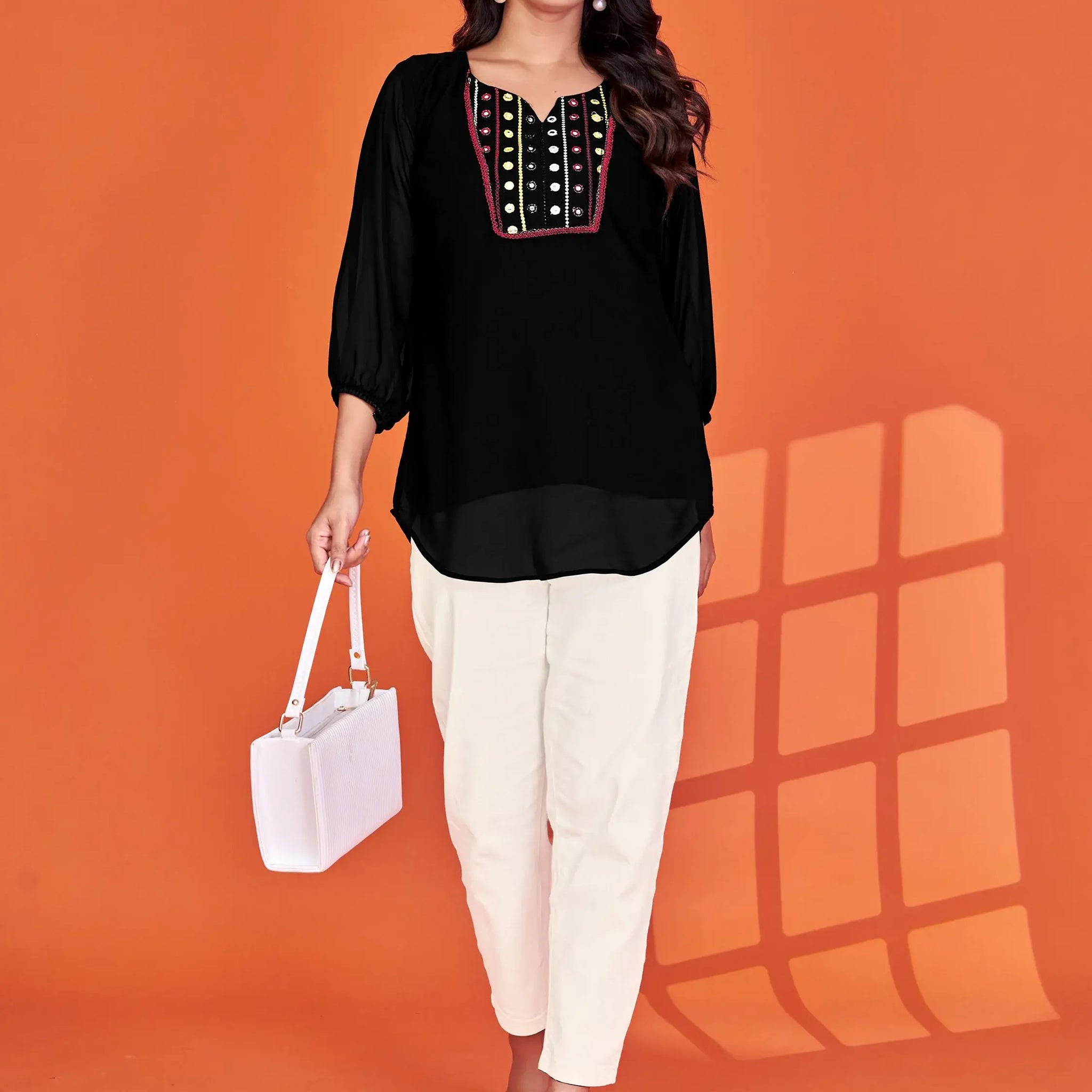 Graceful Black Embroidered Georgette Office Wear Top