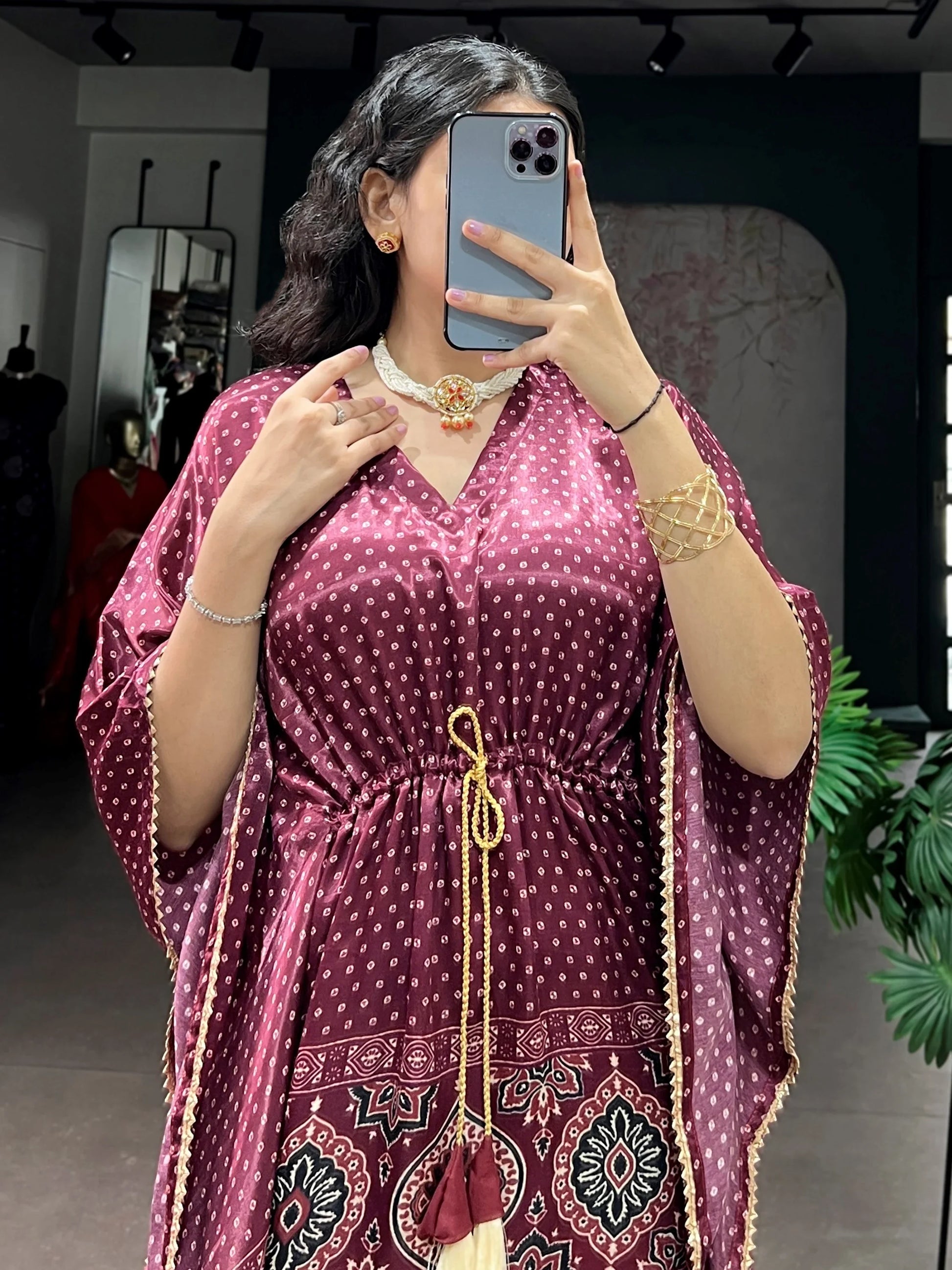 Impressive Wine Tasseled Gaji Silk Daily Wear Kaftan