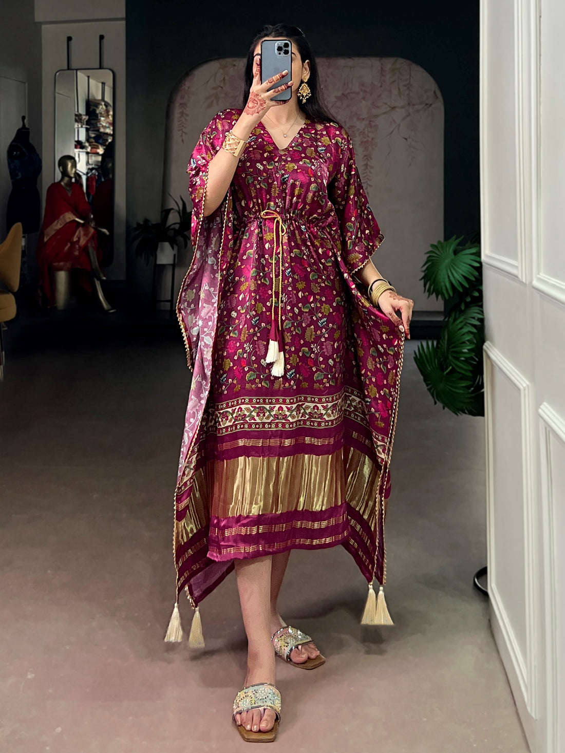 Outstanding Wine Tasseled Gaji Silk Festival Wear Kaftan