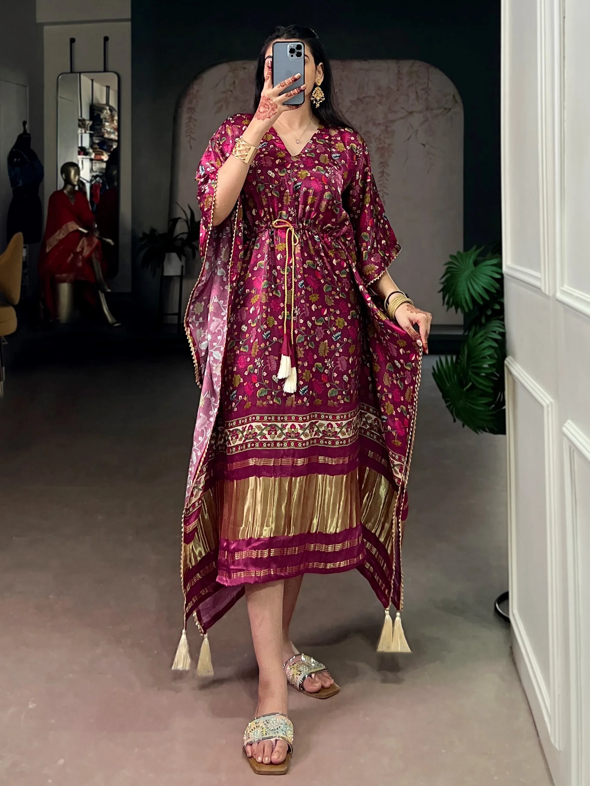 Outstanding Wine Tasseled Gaji Silk Festival Wear Kaftan