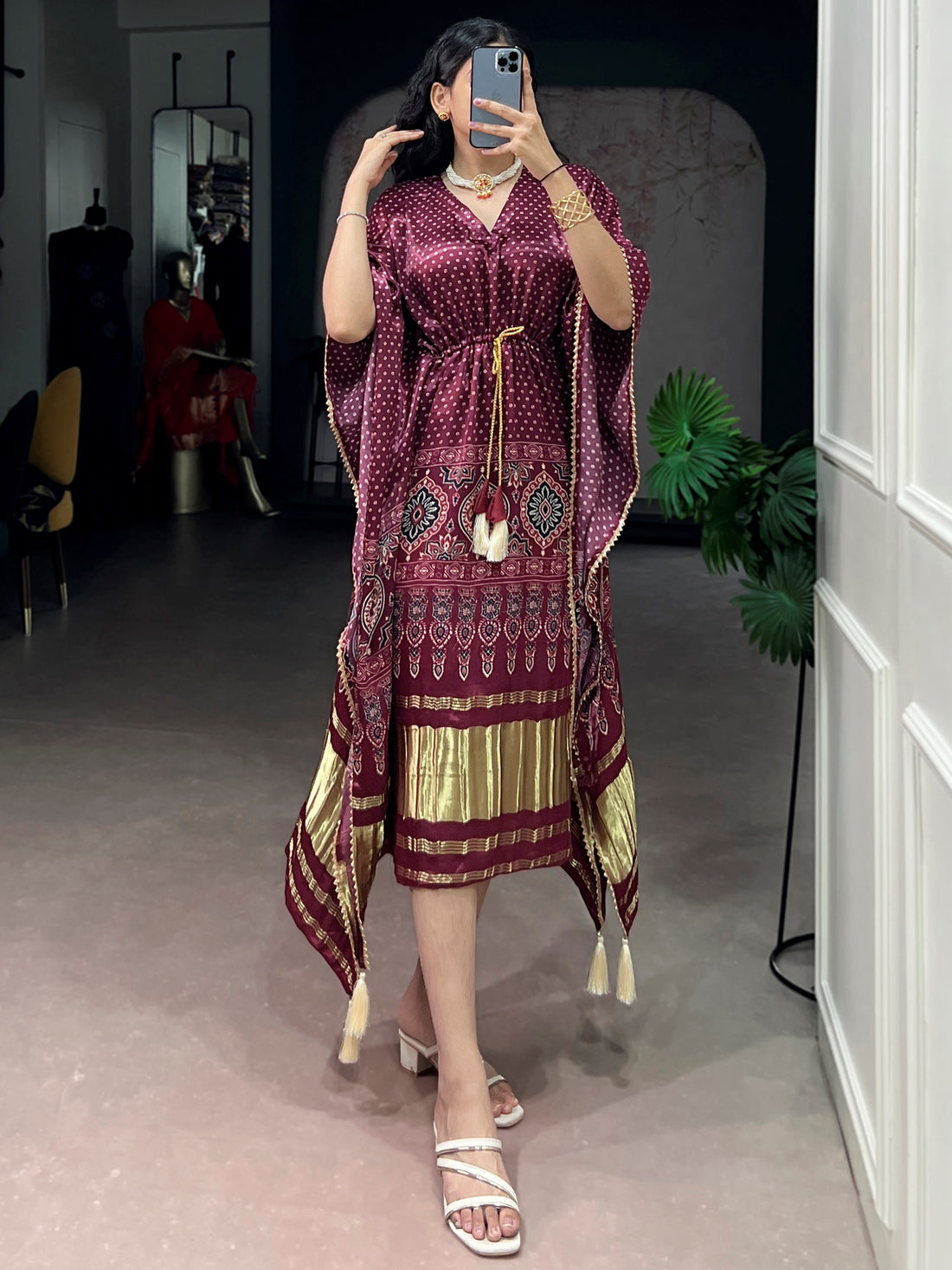 Impressive Wine Tasseled Gaji Silk Daily Wear Kaftan