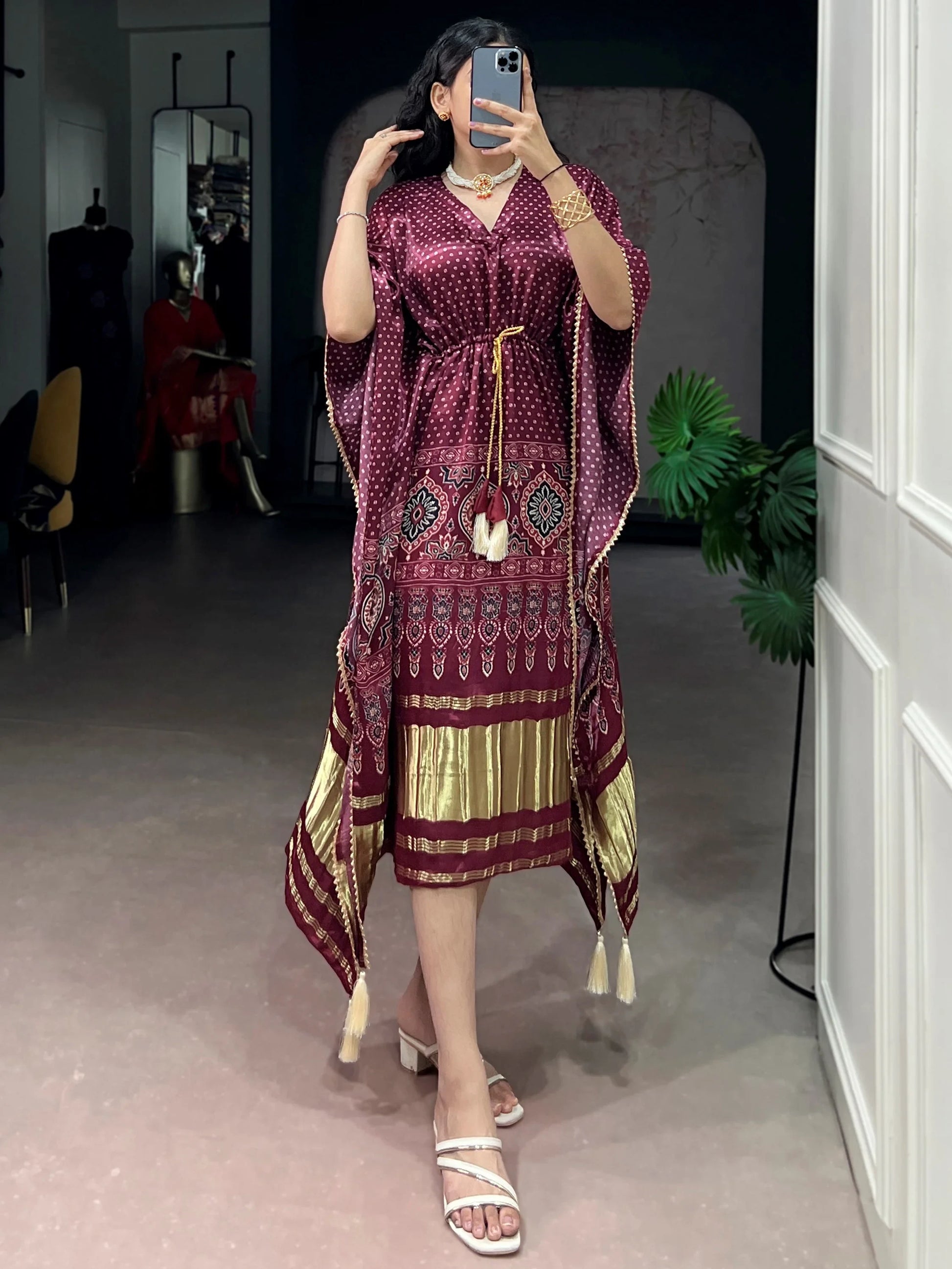 Impressive Wine Tasseled Gaji Silk Daily Wear Kaftan