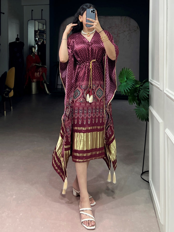 Impressive Wine Tasseled Gaji Silk Daily Wear Kaftan