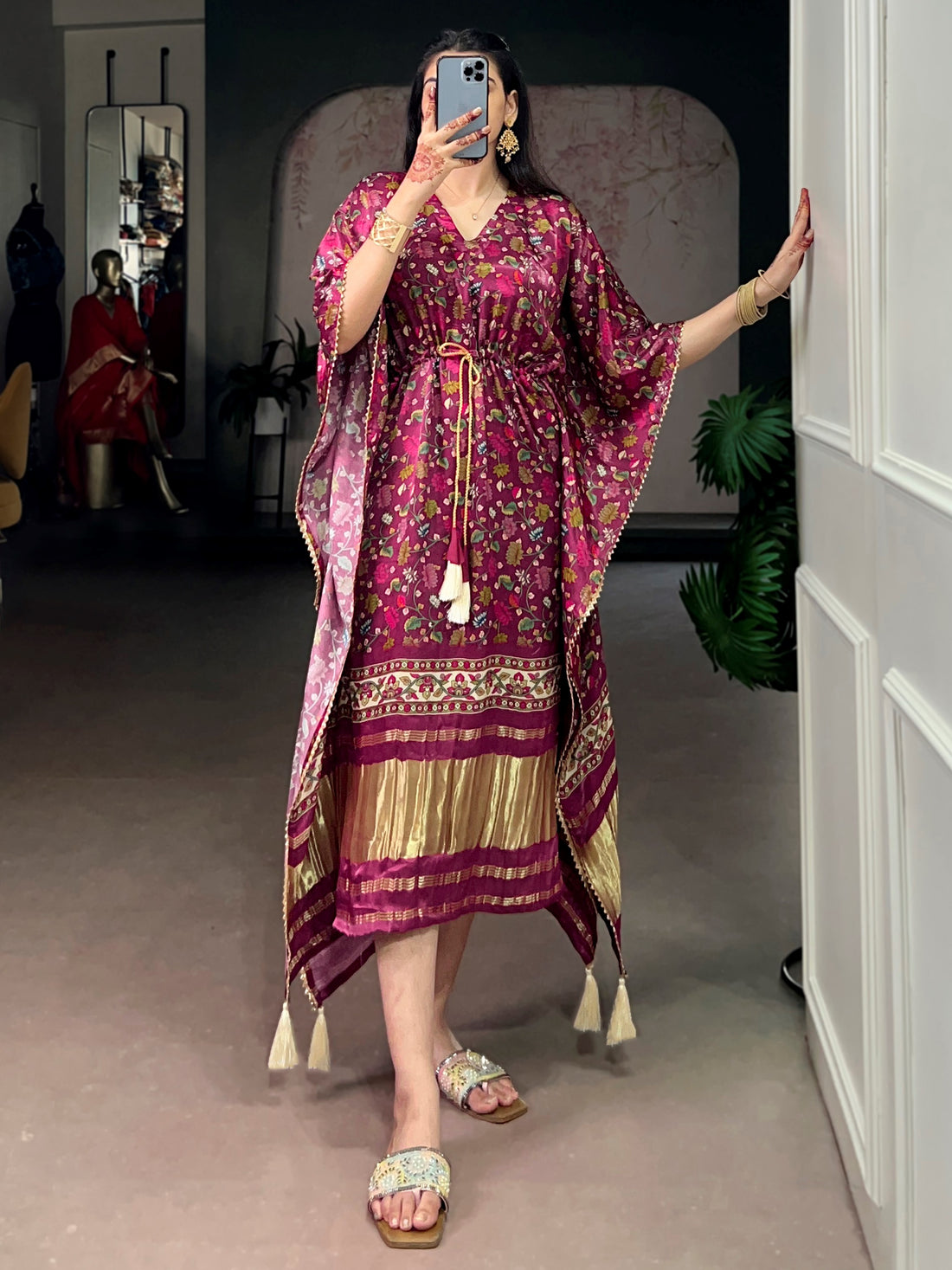 Outstanding Wine Tasseled Gaji Silk Festival Wear Kaftan