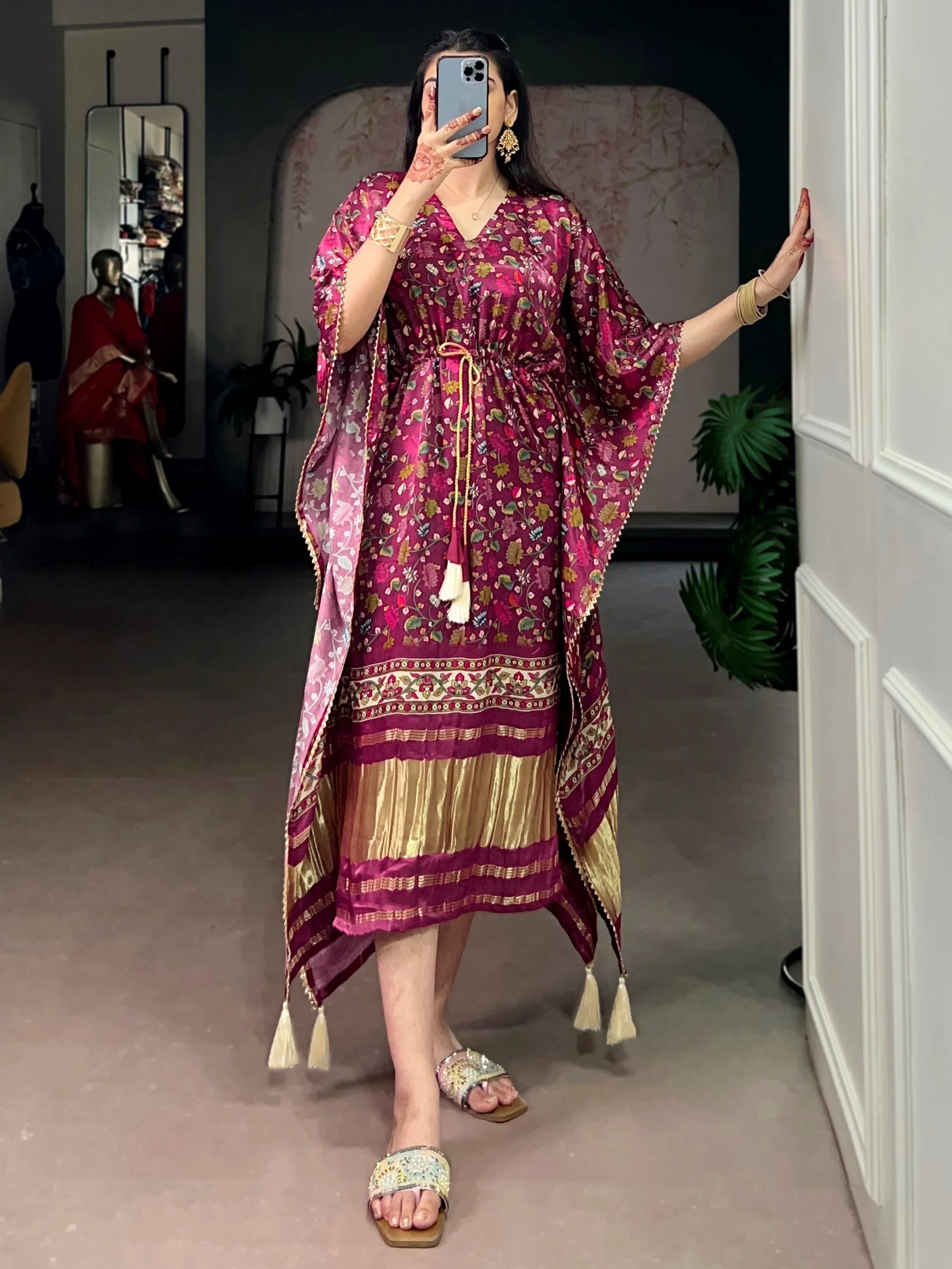 Outstanding Wine Tasseled Gaji Silk Festival Wear Kaftan