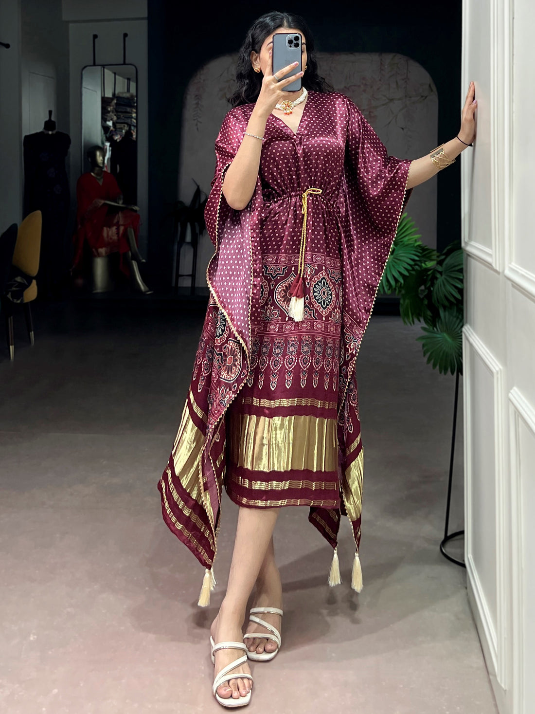 Impressive Wine Tasseled Gaji Silk Daily Wear Kaftan
