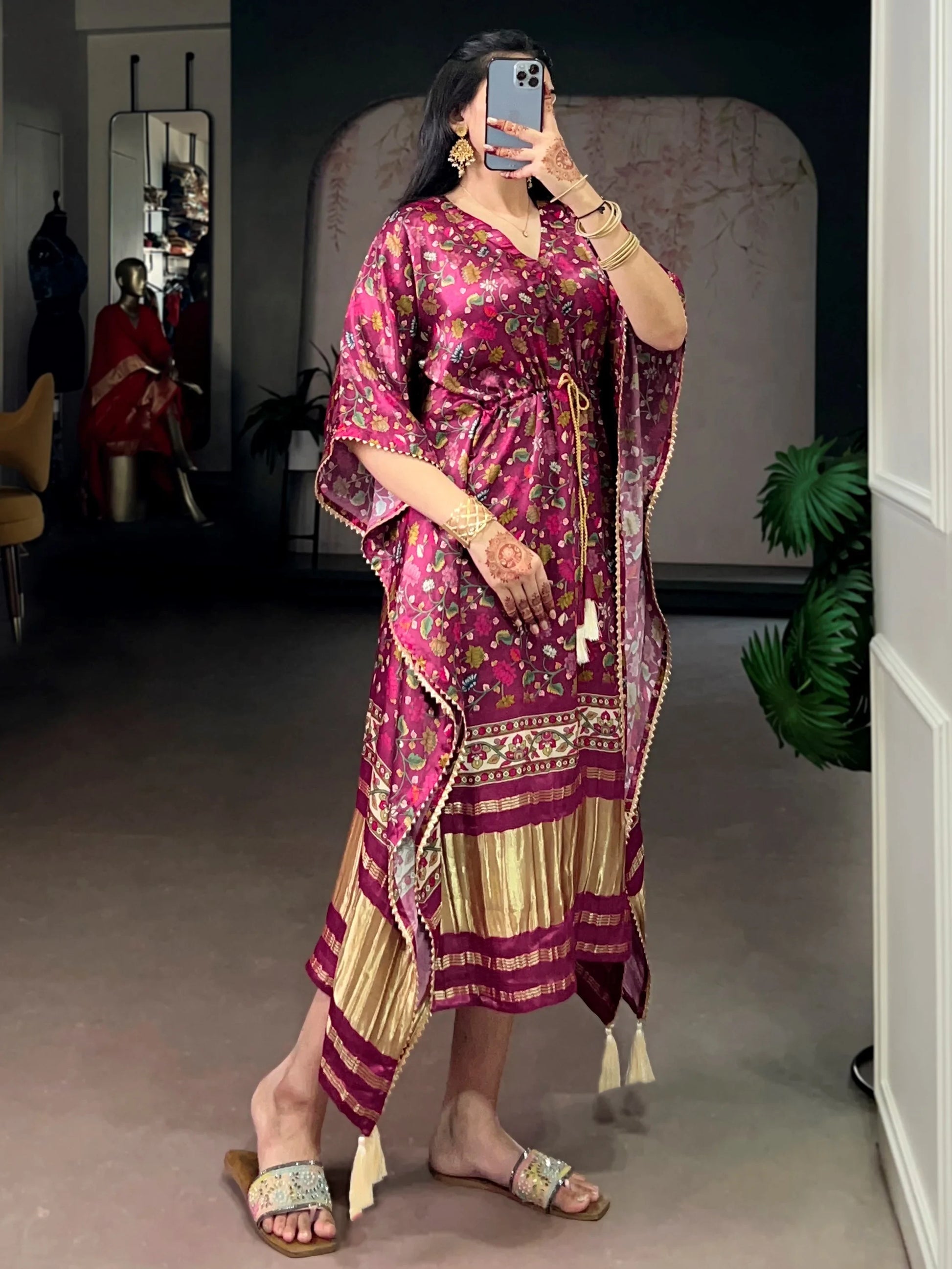 Outstanding Wine Tasseled Gaji Silk Festival Wear Kaftan