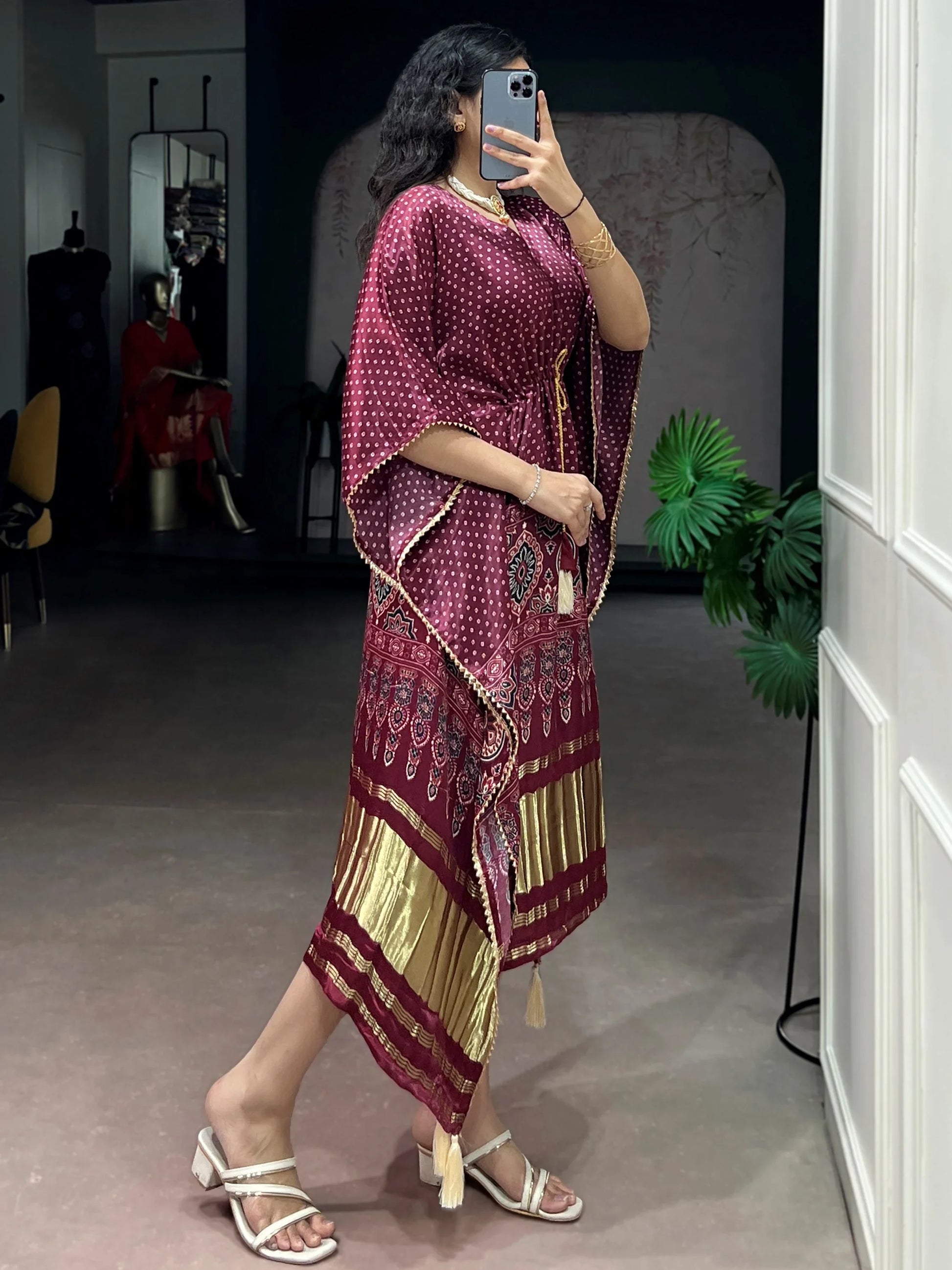 Impressive Wine Tasseled Gaji Silk Daily Wear Kaftan
