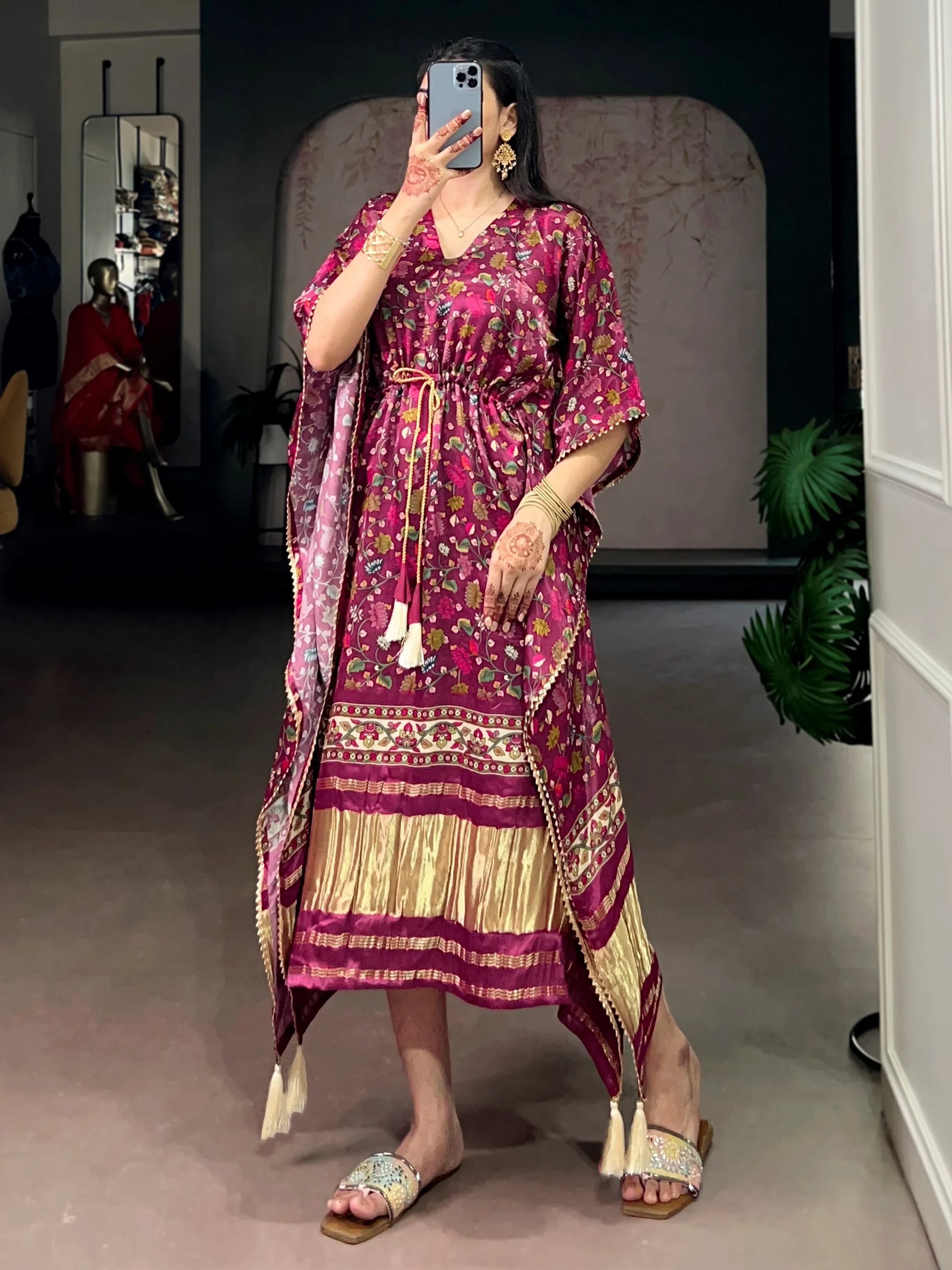 Outstanding Wine Tasseled Gaji Silk Festival Wear Kaftan