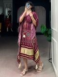 Impressive Wine Tasseled Gaji Silk Daily Wear Kaftan