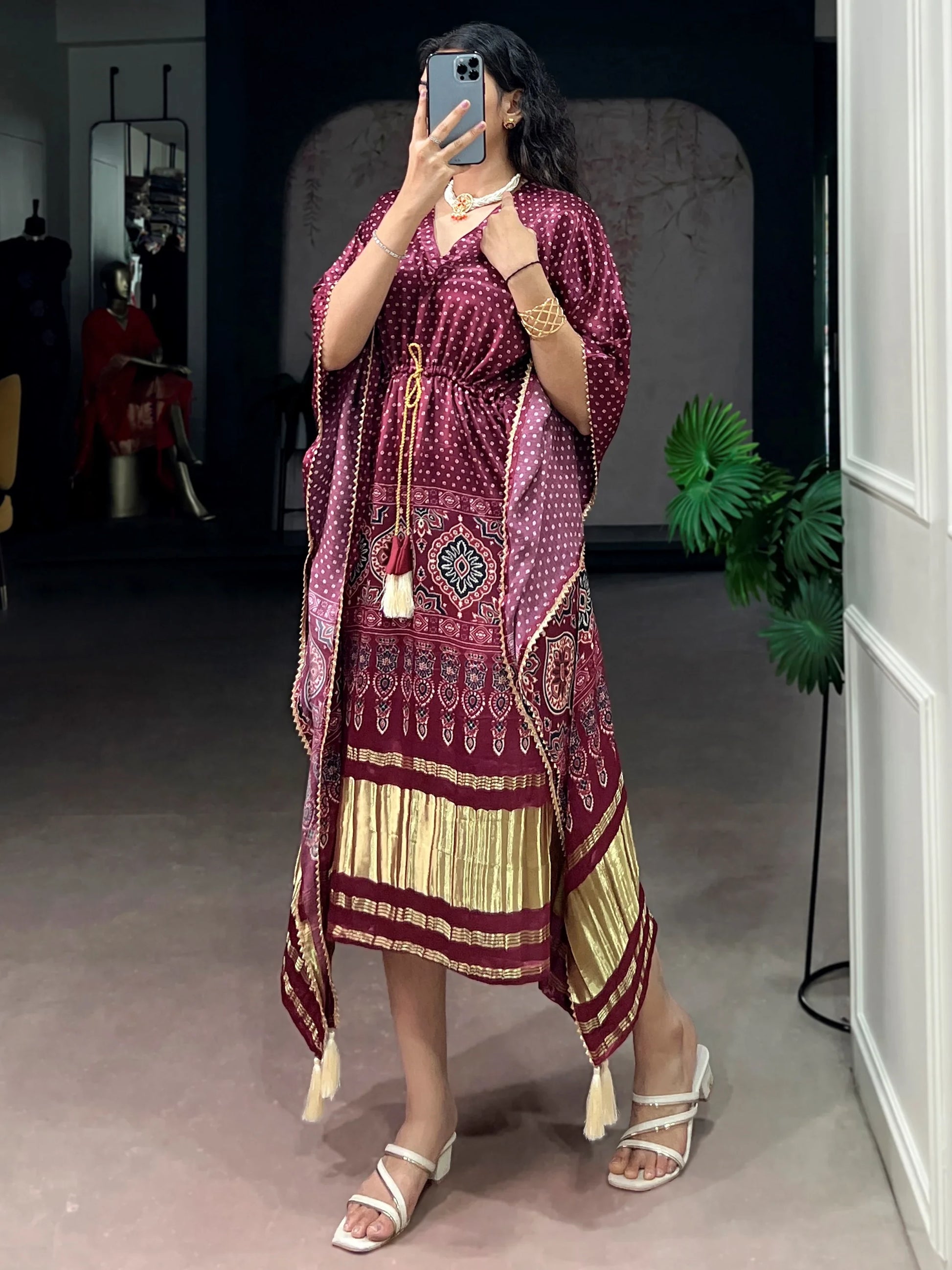Impressive Wine Tasseled Gaji Silk Daily Wear Kaftan