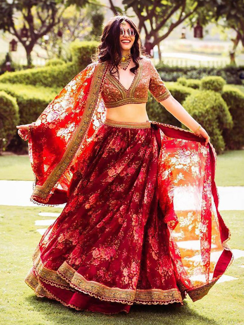 Beautiful Maroon Floral Printed Organza Wedding Lehenga Choli