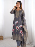 Elegant Black Jacquard Work With Digital Print Chanderi Pant Suit