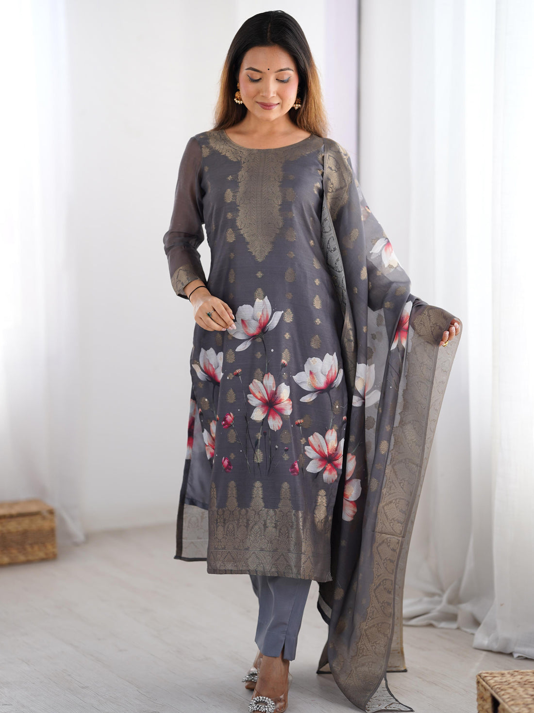 Elegant Black Jacquard Work With Digital Print Chanderi Pant Suit