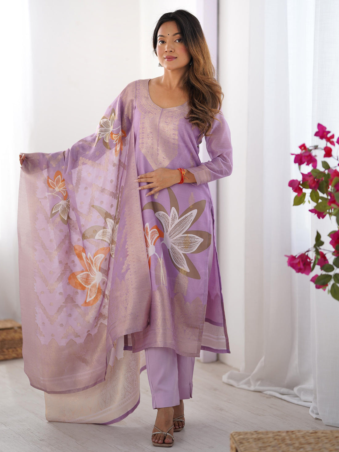 Pretty Lilac Chanderi Digital Print With Jacquard Work Straight Suit