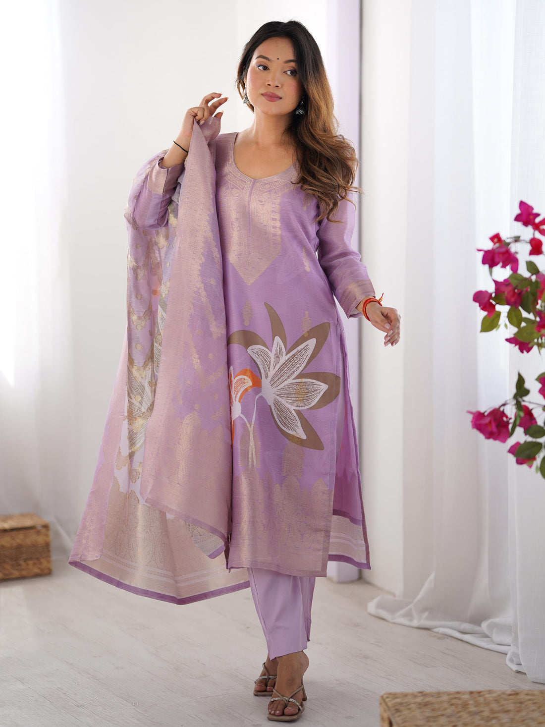 Pretty Lilac Chanderi Digital Print With Jacquard Work Straight Suit